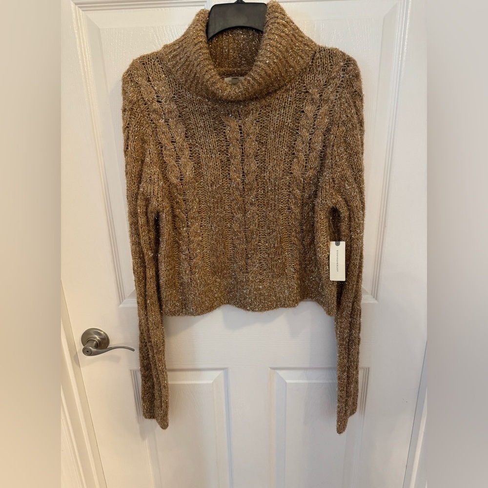 Pilcro Cable-Knit Turtleneck Sweater in Brown